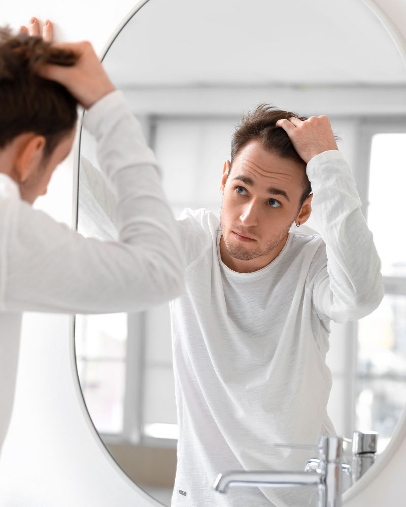 Man looking at hair in mirror