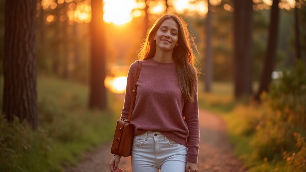 Woman in her 50s with natural filler results walking through Rob Fleming Park