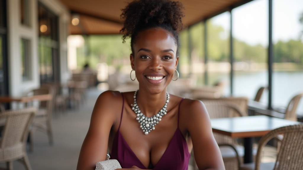 Woman with natural-looking facial balancing results relaxing at outdoor cafe in The Woodlands TX — dermal filler treatment by Reve Dermatology