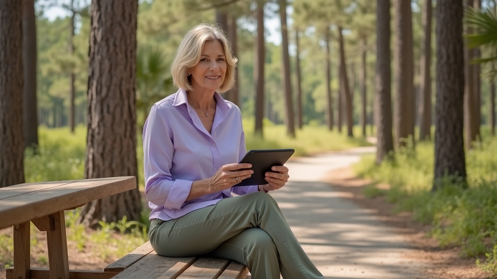 Woman with smooth arms walking confidently outdoors in sleeveless dress after completing treatment series