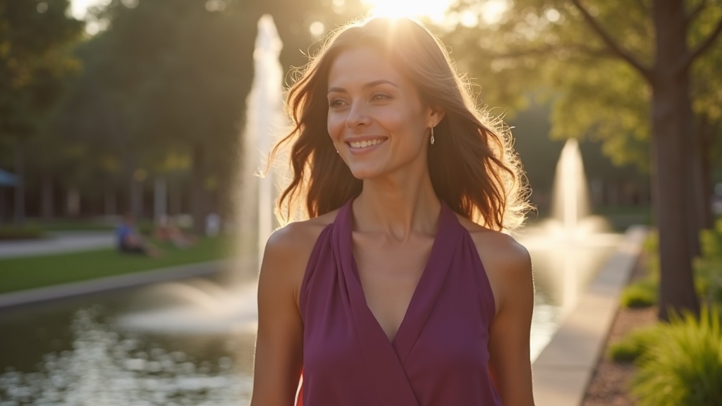 Young professional with healthy skin walking along The Woodlands Waterway paths