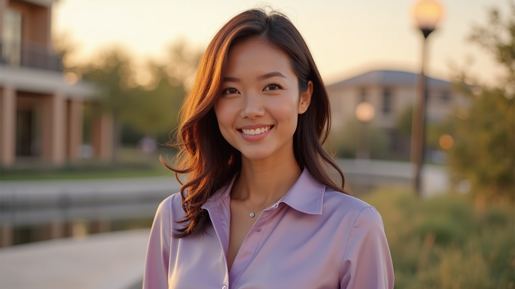 Woman in her 30s with natural prejuvenation results enjoying waterfront evening in The Woodlands Texas