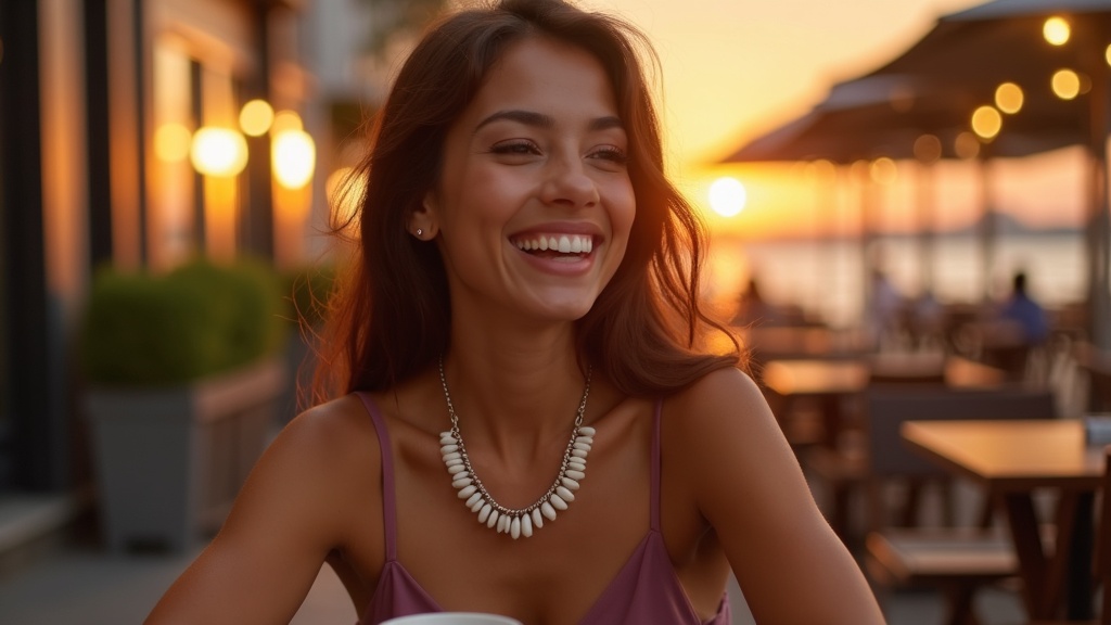 Woman enjoying café with smooth natural results from neuromodulator and dermal filler treatments