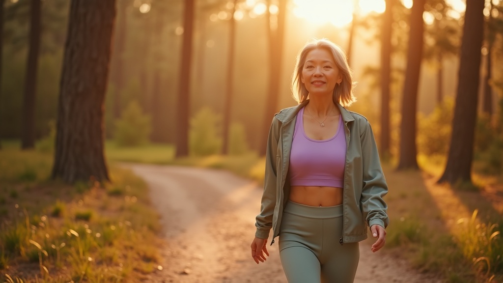 Active woman with natural skin volume walking trails at Rob Fleming Park