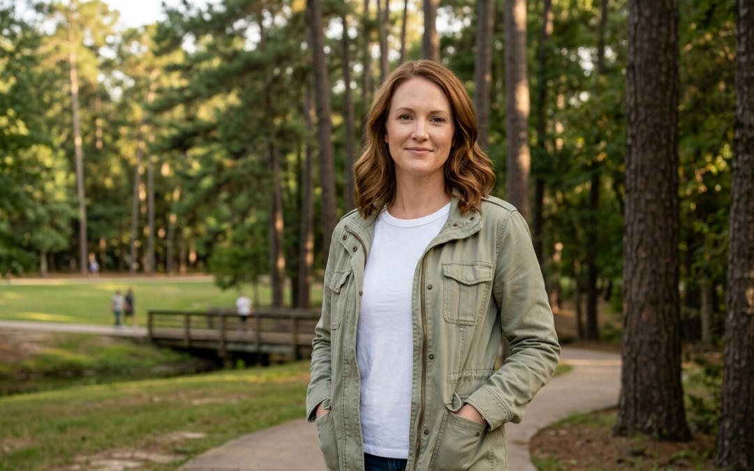 Woman with smooth even-toned skin after laser scar treatment standing in Town Green Park The Woodlands Texas