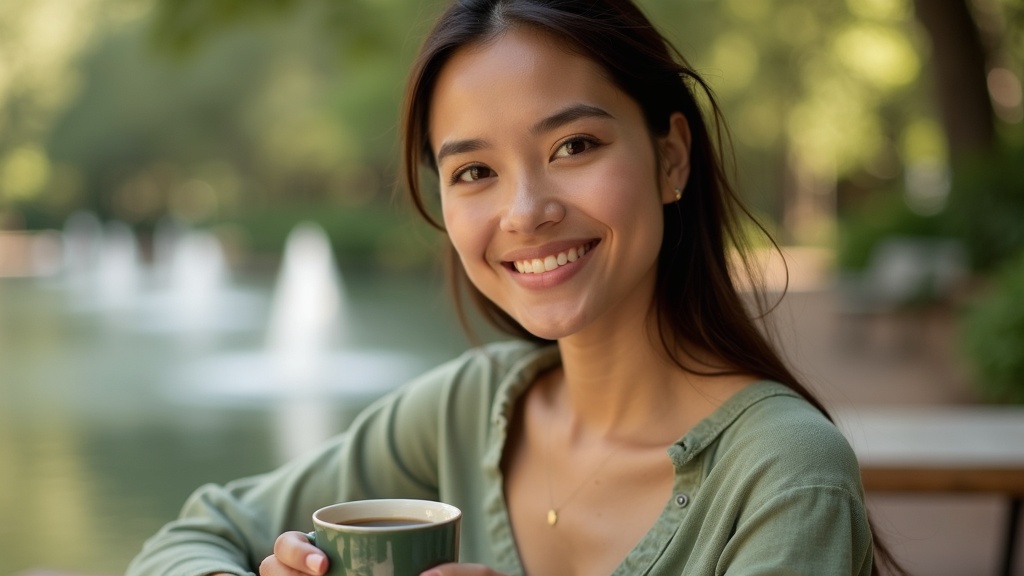 Latina professional at a cafe near The Woodlands Waterway exploring skin care options