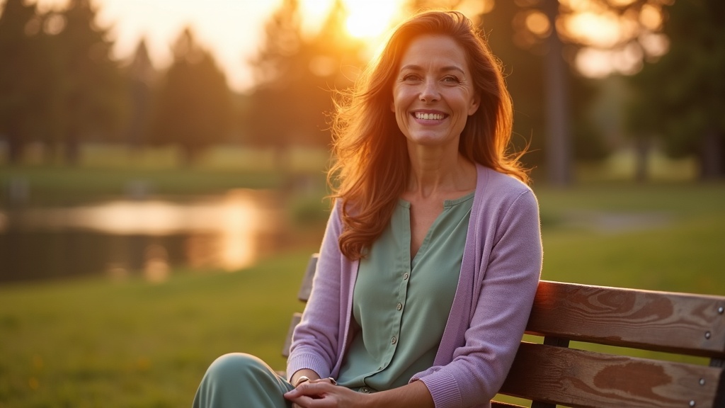Woman with refreshed, smooth skin relaxing outdoors in a park setting