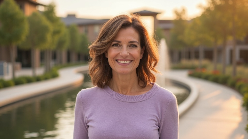 Woman in her 50s with natural facial volume walking along The Woodlands Waterway after Sculptra vs Radiesse collagen stimulator treatment