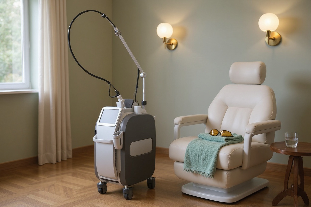 Spider vein treatment room with vascular laser and procedure chair at Reve Dermatology The Woodlands