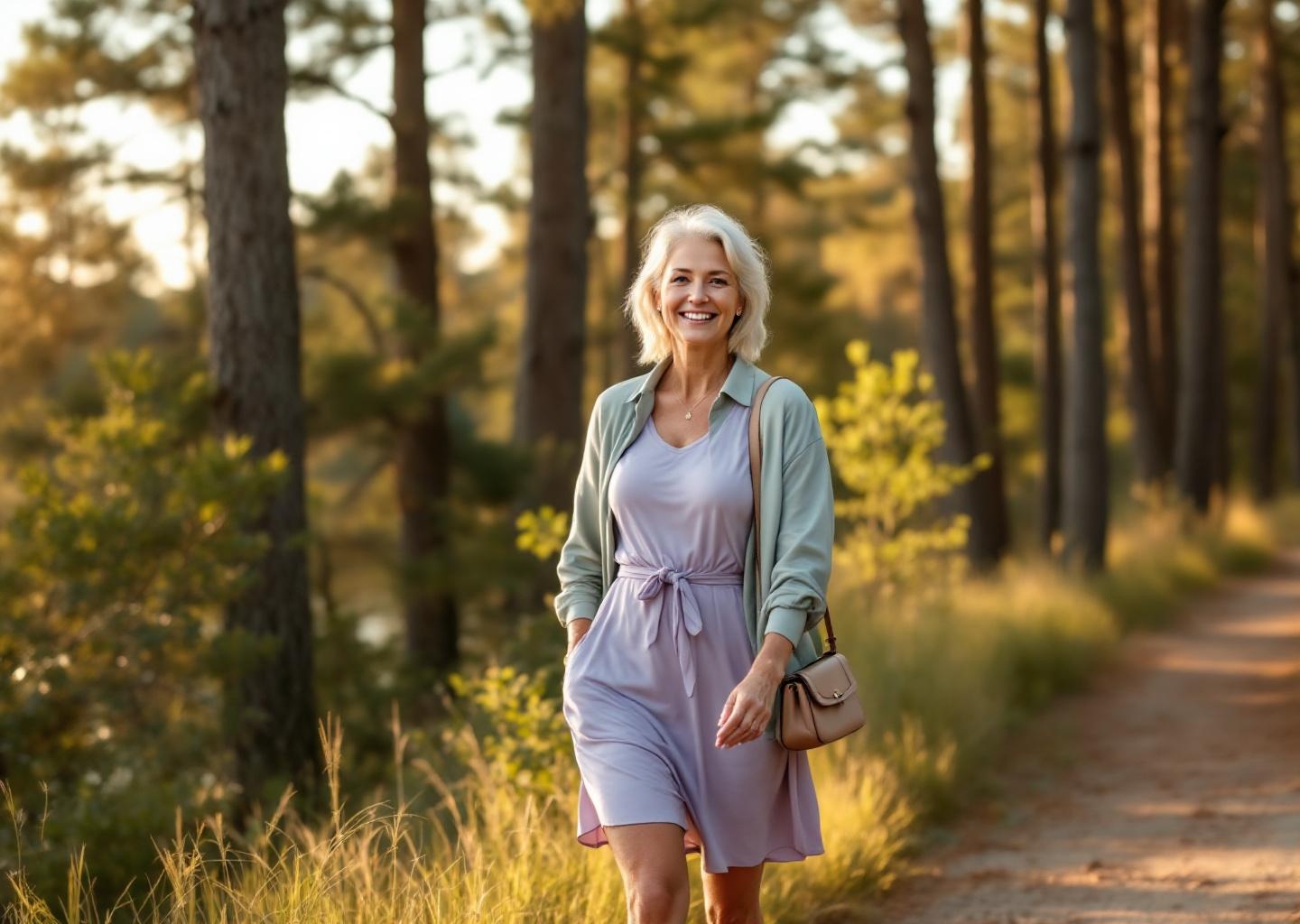 Active woman with clear healthy legs walking lakeside trail at Rob Fleming Park after spider vein treatment
