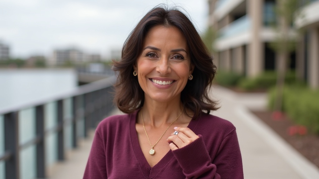Confident woman showing natural hand rejuvenation results at Hughes Landing waterfront