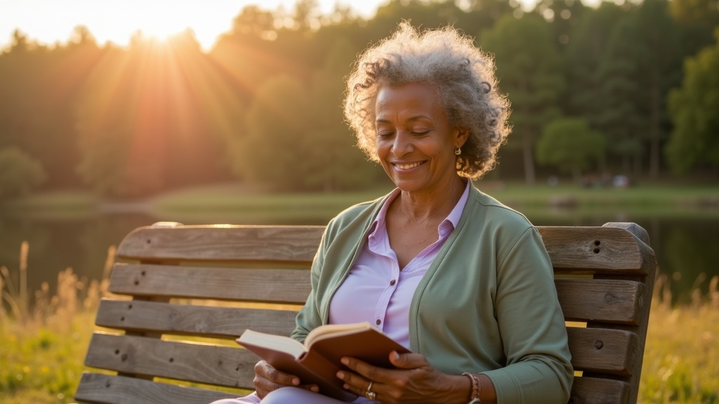Woman enjoying natural hand rejuvenation results while reading at Rob Fleming Park
