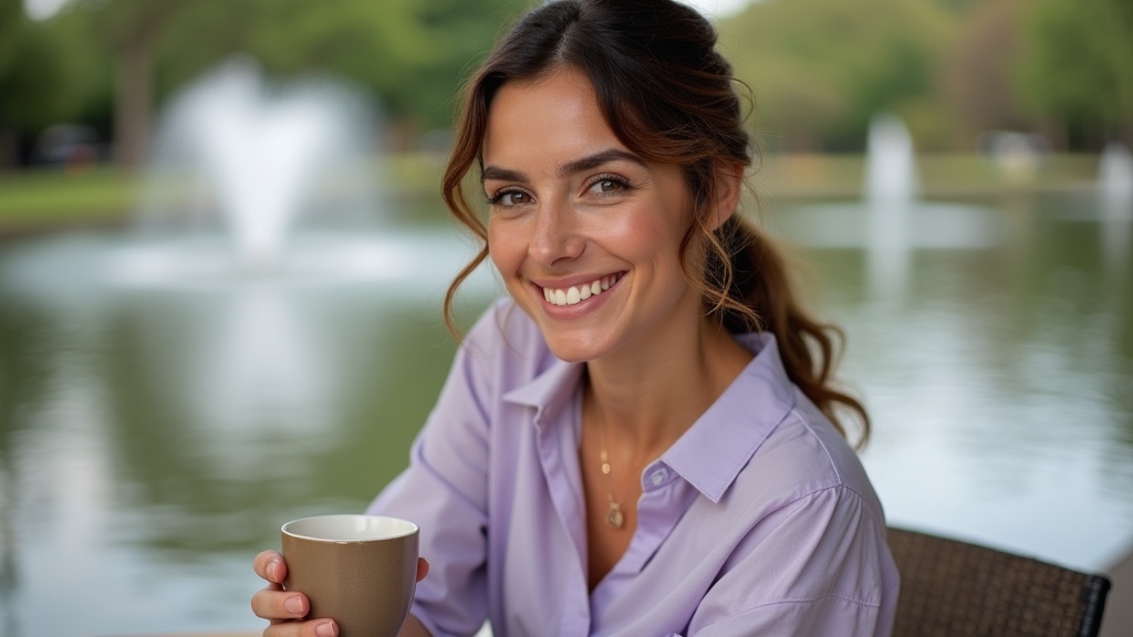 Woman enjoying coffee at Waterway showing gradual chin fat reduction results and natural facial definition