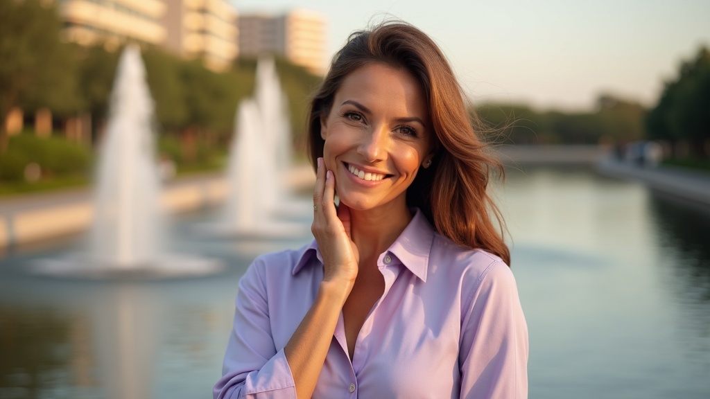 Woman with clear facial skin after cosmetic mole removal The Woodlands along waterfront pathway